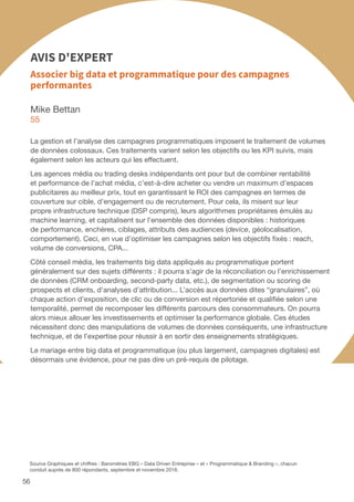 56
Mike Bettan
55
La gestion et l’analyse des campagnes programmatiques imposent le traitement de volumes
de données colossaux. Ces traitements varient selon les objectifs ou les KPI suivis, mais
également selon les acteurs qui les effectuent.
Les agences média ou trading desks indépendants ont pour but de combiner rentabilité
et performance de l’achat média, c’est-à-dire acheter ou vendre un maximum d’espaces
publicitaires au meilleur prix, tout en garantissant le ROI des campagnes en termes de
couverture sur cible, d’engagement ou de recrutement. Pour cela, ils misent sur leur
propre infrastructure technique (DSP compris), leurs algorithmes propriétaires émulés au
machine learning, et capitalisent sur l’ensemble des données disponibles : historiques
de performance, enchères, ciblages, attributs des audiences (device, géolocalisation,
comportement). Ceci, en vue d’optimiser les campagnes selon les objectifs fixés : reach,
volume de conversions, CPA...
Côté conseil média, les traitements big data appliqués au programmatique portent
généralement sur des sujets différents : il pourra s’agir de la réconciliation ou l’enrichissement
de données (CRM onboarding, second-party data, etc.), de segmentation ou scoring de
prospects et clients, d’analyses d’attribution... L’accès aux données dites “granulaires”, où
chaque action d’exposition, de clic ou de conversion est répertoriée et qualifiée selon une
temporalité, permet de recomposer les différents parcours des consommateurs. On pourra
alors mieux allouer les investissements et optimiser la performance globale. Ces études
nécessitent donc des manipulations de volumes de données conséquents, une infrastructure
technique, et de l’expertise pour réussir à en sortir des enseignements stratégiques.
Le mariage entre big data et programmatique (ou plus largement, campagnes digitales) est
désormais une évidence, pour ne pas dire un pré-requis de pilotage.
Associer big data et programmatique pour des campagnes
performantes
AVIS D'EXPERT
Source Graphiques et chiffres : Baromètres EBG « Data Driven Entreprise » et « Programmatique  Branding », chacun
conduit auprès de 800 répondants, septembre et novembre 2016.
 