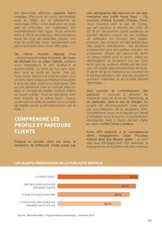 91
est désormais effective, rapporte Karim
Louedec. Elles sont, en outre, réconciliées
avec le CRM. Sur la plateforme de
visionnage 6Play, cette opération ne pose
pas de difficultés, car l’utilisateur doit
impérativement être logué. Nous arrivons
donc à 100 % de matching. Nous récoltons
aussi les logs de publicités display. Les
logs de publicités vidéo représentent une
part importante dans notre offre data. »
De même, Auchan dispose d’un
« environnement assez favorable, de l’aveu
de Michaël Cru et Julien Cafede, puisque
nous hébergeons le site Auchan.fr et
Auchan-Drive. La force de l’un peut donc
être mise au profit de l’autre. Très tôt,
nous avons œuvré à la mise en place d’un
compte client unique permettant d’accéder
à tous les sites dont nous disposons. Dès
qu’une personne crée un compte Web ou
bien un compte de fidélité, toute la chaîne
se trouve unifiée : tous les domaines sont
ainsi traqués de la même façon. Depuis
quatre ans, en effet, la création d’un compte
de fidélité passe systématiquement par le
Web. »
COMPRENDRE LES
PROFILS ET PARCOURS
CLIENTS
Puisque la donnée client est reine, la
recherche de l’efficacité média passe par
une cartographie des parcours et une seg-
mentation des profils hyper fines. « Par
exemple, indique Eymeric Chateau (Turn),
nous pouvons citer le cas de Toyota,
qui est parvenu à réduire ses CPL de
50 % en découvrant quelle audience se
cachait derrière chacun de ses modèles
de véhicules. En fonction des pages-
produits, des persona ont été définis avec
des insights intéressants : les étudiants
s’intéressent plus aux petites voitures, les
crossovers attirent les personnes ayant
un grand intérêt pour le sport, celles qui
déménagent se focalisent sur les SUV,
alors que les visiteurs attirés par les pick-
ups ont plutôt des smartphones Android.
À partir de là, la marque a pu pousser de
la personnalisation, afin que les prospects
puissent s’identifier et se projeter encore
davantage. »
Bien souvent, la compréhension des
parcours « consiste à détecter les
moments clefs de la vie de l’internaute, et
en particulier, dans le cas de Seloger, les
projets de déménagement. Cela passe
par une détection via la navigation Web.
Actuellement, nous nous basons sur l’email
(l’utilisateur nous le fournit s’il souhaite être
recontacté), mais il s’agira demain d’aller
au-delà » confie Carine Loiseleux.
Autre KPI essentiel à la connaissance
client, l’engagement. Claire Pouvreau
indique ainsi que Bayard opère « un suivi
des taux d’engagement. Par exemple, la
fréquence de consultation de nos contenus
LES SUJETS PRIORITAIRES DE LA PUBLICITÉ DIGITALE
Source : Baromètre EBG « Programmatique  Branding », novembre 2016
LE CROSS-DEVICE
UNE MEILLEURE VISION DES
PARCOURS CLIENTS
LA MISE EN PLACE D’UNE DMP
L’UTILISATION SIMULTANÉE DES
DONNÉES ON ET OFFLINE
65 %
63 %
58 %
51 %
 
