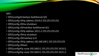 ISP2
• ISP2(config)#interface fastEthernet 0/0
• ISP2(config-if)#ip address 10.0.0.2 255.255.255.252
• ISP2(config-if)#no shutdown
• ISP2(config-if)#interface fastEthernet 0/1
• ISP2(config-if)#ip address 10.0.1.2 255.255.255.252
• ISP2(config-if)#no shutdown
• ISP2(config-if)#interface lo 0
• ISP2(config-if)#ip address 192.168.100.1 255.255.255.255
• ISP2(config-if)#exit
• ISP2(config)#ip route 192.168.0.1 255.255.255.255 10.0.0.1
• ISP2(config)#ip route 192.168.0.1 255.255.255.255 10.0.1.1
 