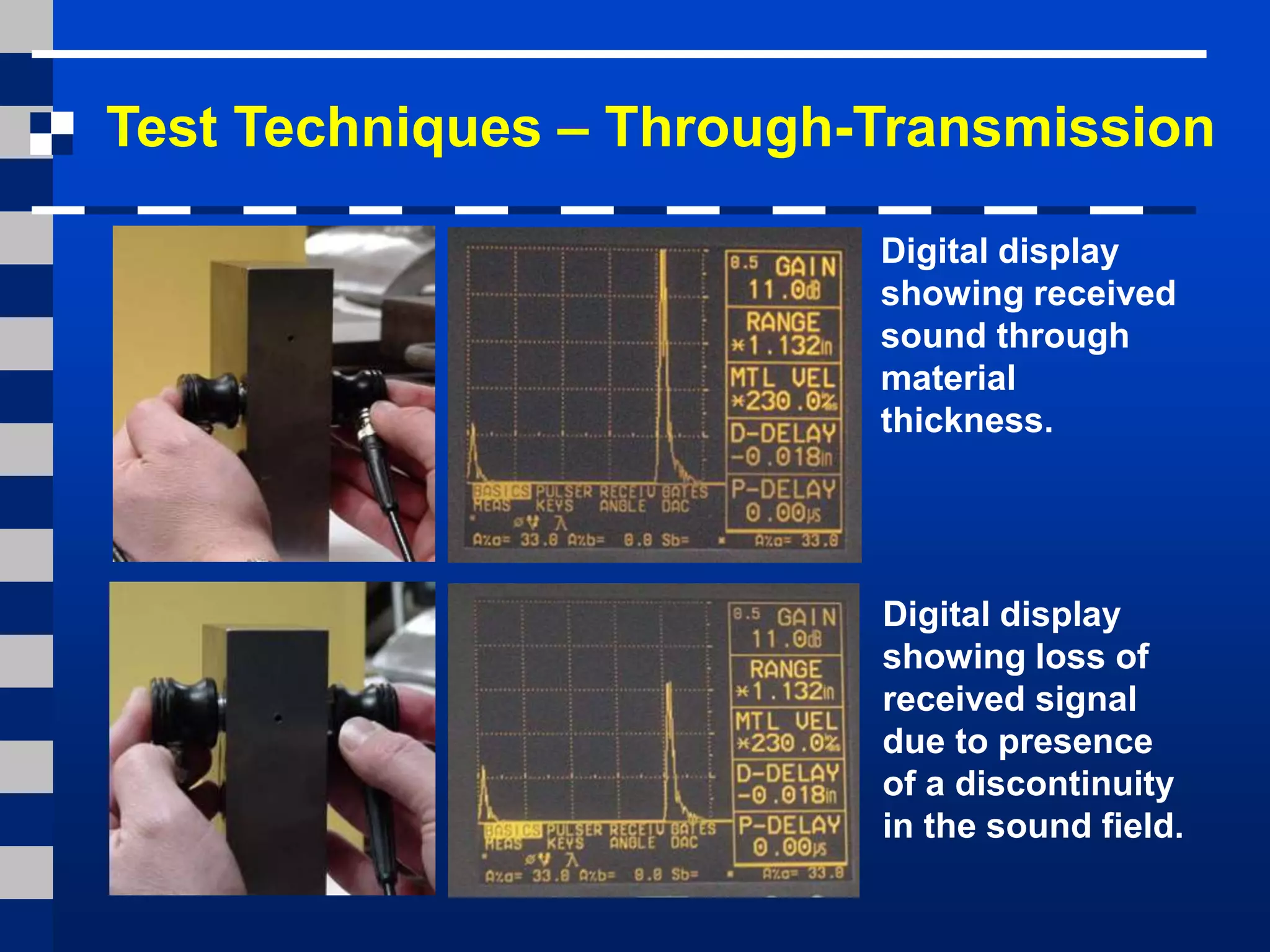 Digital display
showing received
sound through
material
thickness.
Digital display
showing loss of
received signal
due to presence
of a discontinuity
in the sound field.
Test Techniques – Through-Transmission
 
