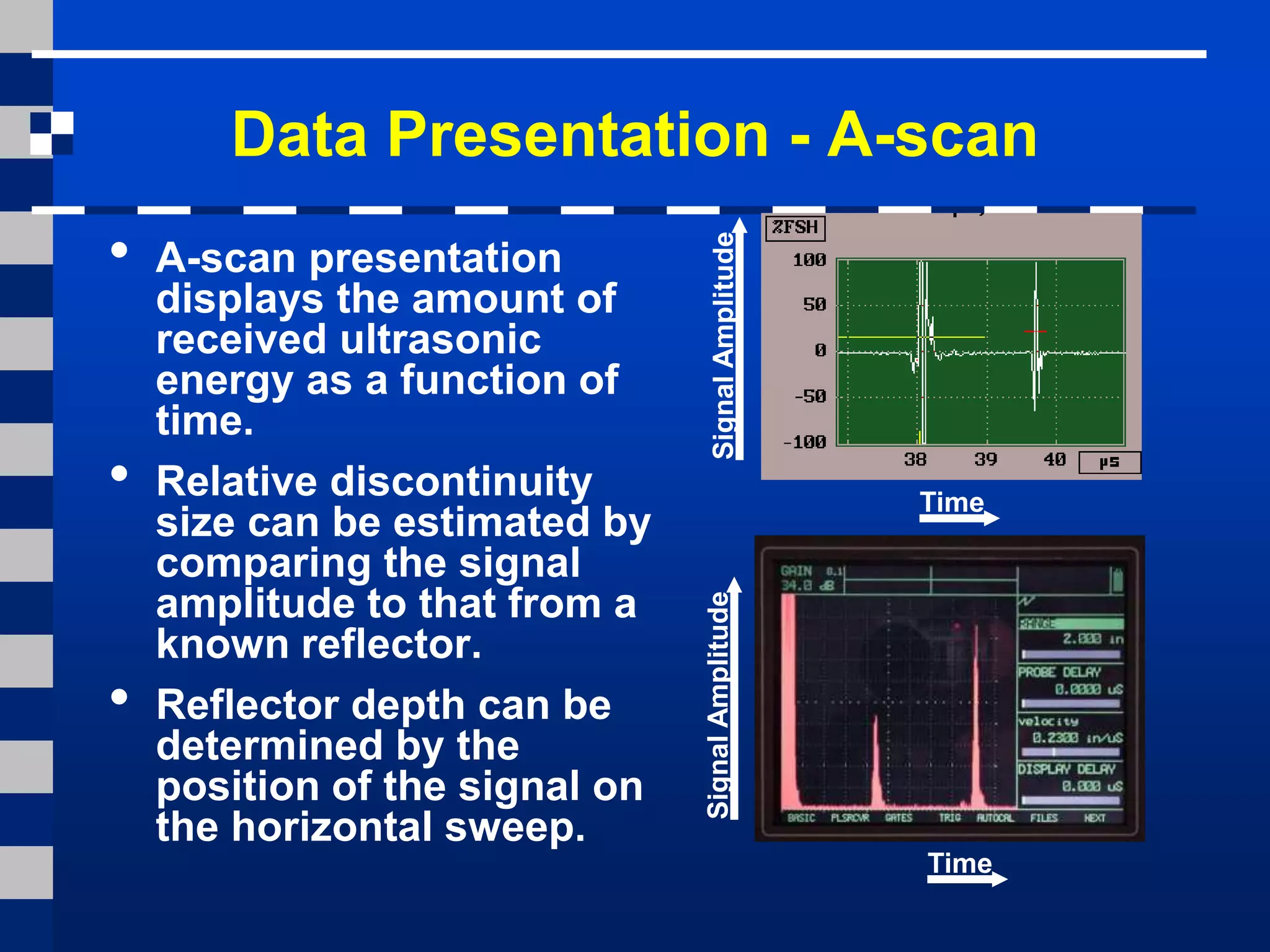 Data Presentation - A-scan
• A-scan presentation
displays the amount of
received ultrasonic
energy as a function of
time.
• Relative discontinuity
size can be estimated by
comparing the signal
amplitude to that from a
known reflector.
• Reflector depth can be
determined by the
position of the signal on
the horizontal sweep.
Time
Signal
Amplitude
Signal
Amplitude
Time
 