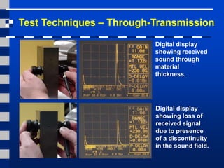 Digital display
showing received
sound through
material
thickness.
Digital display
showing loss of
received signal
due to presence
of a discontinuity
in the sound field.
Test Techniques – Through-Transmission
 