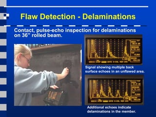 Flaw Detection - Delaminations
Signal showing multiple back
surface echoes in an unflawed area.
Additional echoes indicate
delaminations in the member.
Contact, pulse-echo inspection for delaminations
on 36” rolled beam.
 