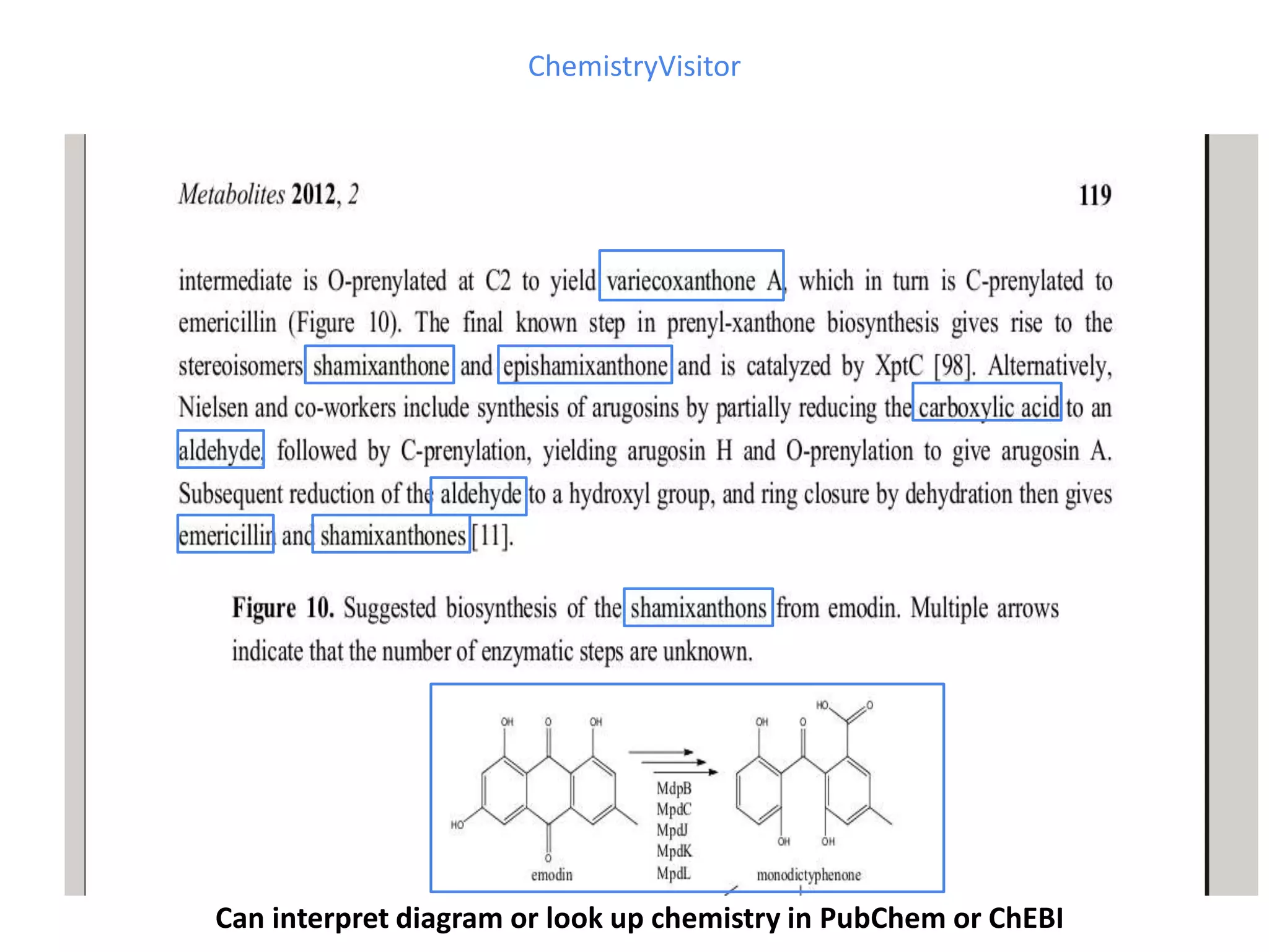 ChemistryVisitor
Can interpret diagram or look up chemistry in PubChem or ChEBI
 
