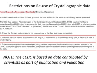 Restrictions on Re-use of Crystallographic data
NOTE: The CCDC is based on data contributed by
scientists as part of publication and validation
 