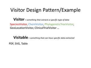 Visitor Design Pattern/Example
Visitor= something that extracts a specific type of data
SpeciesVisitor, ChemVisitor, PhylogeneticTreeVisitor,
GeoLocationVisitor, ClinicalTrialVisitor …
Visitable= something that can have specific data extracted
PDF, SVG, Table
 