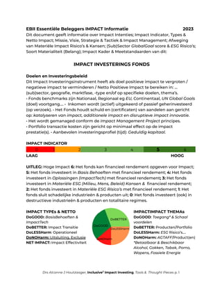 EBII Essentiële Beleggers IMPACT Informatie 2023
Dit document geeft informatie over Impact Intenties; Impact Indicator, Types &
Netto Impact; Missie, Visie, Strategie & Tactiek & Impact Management; Afweging
van Materiële Impact Risico’s & Kansen; (Sub)Sector GlobalGoal score & ESG Risico’s;
Soort Materialiteit (Belang); Impact Kader & Meetstandaarden van dit:
IMPACT INVESTERINGS FONDS
Doelen en Investeringsbeleid
Dit Impact Investeringsinstrument heeft als doel positieve impact te vergroten /
negatieve impact te verminderen / Netto Positieve Impact te bereiken in: …
(sub)sector, geografie, marktfase, -type en/of op specifieke doelen, thema’s.
• Fonds benchmarks zijn Nationaal, Regionaal eg EU, Continentaal, UN Global Goals
(doel) voortgang…. • Inkomen wordt (actief) uitgekeerd of passief geherinvesteerd
(op verzoek). • Het Fonds houdt schuld en (certificaten) van aandelen aan gericht
op: katalyseren van impact, additionele impact en disruptieve impact innovatie.
• Het wordt gemanaged conform de Impact Management Project principes.
• Portfolio transactie kosten zijn gericht op minimaal effect op de impact
prestatie(s). • Aanbevolen investeringsprofiel (tijd): Geduldig kapitaal.
IMPACT INDICATOR
. 0 1 2 3 4 5 6 .
LAAG HOOG
UITLEG: Hoge Impact 6: Het fonds kan financieel rendement opgeven voor Impact;
5: Het fonds investeert in Basis Behoeften met financieel rendement; 4: Het fonds
investeert in Oplossingen (ImpactTech) met financieel rendement; 3: Het fonds
investeert in Materiële ESG (Milieu, Mens, Beleid) Kansen & financieel rendement;
2: Het fonds investeert in Materiële ESG Risico’s met financieel rendement; 1: Het
fonds sluit schadelijke industrieën & producten uit; 0: Het fonds investeert (ook) in
destructieve industrieën & producten en totalitaire regimes.
IMPACT TYPEs & NETTO IMPACTIMPACT THEMAs
DoGOOD: BasisBehoeften & DoGOOD: Toegang* & Schaal
ImpactTech voordelen
DoBETTER: Impact Transitie DoBETTER: Producten/Portfolio
DoLESSHarm: Operationeel DoLESSHarm: ESG Risico’s….
DoNOHarm: Uitsluiting, Exclusie DoNOHarm: AGTAFF/Product(en)
NET IMPACT: Impact Effectiviteit *Betaalbaar & Beschikbaar
Alcohol, Gokken, Tabak, Porno,
Wapens, Fossiele Energie
Drs Alcanne J Houtzaager, Inclusive2
Impact Investing, Tools & Thought Pieces p. 1
 