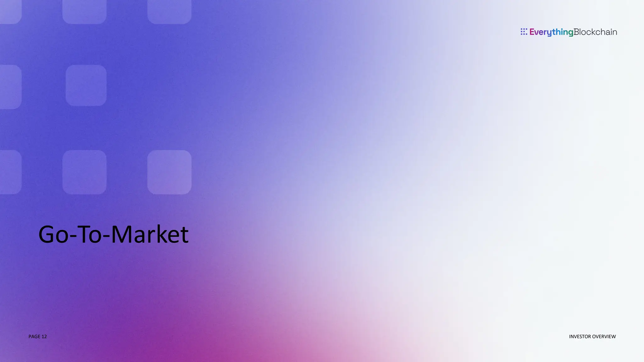 PAGE 12
PAGE 12
Go-To-Market
INVESTOR OVERVIEW
 