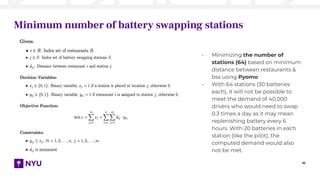 10
Minimum number of battery swapping stations
- Minimizing the number of
stations (64) based on minimum
distance between restaurants &
bss using Pyomo
- With 64 stations (30 batteries
each), it will not be possible to
meet the demand of 40,000
drivers who would need to swap
0.3 times a day as it may mean
replenishing battery every 6
hours. With 20 batteries in each
station (like the pilot), the
computed demand would also
not be met.
 