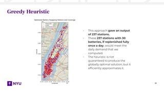 17
Greedy Heuristic
- This approach gave an output
of 237 stations.
- These 237 stations with 30
batteries, if replenished fully
once a day, would meet the
daily demand that we
computed.
- The heuristic is not
guaranteed to produce the
globally optimal solution, but it
efﬁciently approximates it.
 
