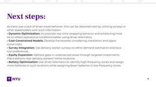 19
Next steps:
As there was a lack of driver travel behavior, this can be obtained next by utilizing surveys or
other stakeholders with such information.
• Dynamic Optimization: Incorporate real-time swapping behavior and scheduling mod-
els to reﬂect operational conditions better using driver telematics.
• Cost-Constrained Models: Develop frameworks considering installation and opera-
tional costs.
• Survey Integration: Use delivery worker surveys to reﬁne demand estimation and loca-
tion preferences.
• Equity Expansion: Address gaps in underserved areas through targeted investments.
Place stations near delivery workers’ home locations.
• Battery Optimization: Use driver telematics to identify high-frequency zones and assign
more batteries to such locations while assigning fewer batteries to low-frequency zones.
 