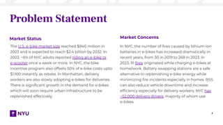 2
Problem Statement
The U.S. e-bike market size reached $940 million in
2023 and is expected to reach $2.4 billion by 2032. In
2023, ~6% of NYC adults reported riding an e-bike or
e-scooter once a week or more. In NYC, the bike
incentive program also offsets 50% of e-bike costs upto
$1,100 instantly as rebate. In Manhattan, delivery
workers are also slowly adopting e-bikes for deliveries.
There is signiﬁcant growth in the demand for e-bikes
which will soon require urban infrastructure to be
replenished effectively.
In NYC, the number of ﬁres caused by lithium-ion
batteries in e-bikes has increased dramatically in
recent years, from 30 in 2019 to 268 in 2023. In
2023, 91 ﬁres originated while charging e-bikes at
home/work. Battery swapping stations are a safe
alternative to replenishing e-bike energy while
minimizing ﬁre incidents especially in homes. BSS
can also reduce vehicle downtime and increase
efﬁciency especially for delivery workers. NYC has
~52,000 delivery drivers, majority of whom use
e-bikes.
Market Status Market Concerns
 