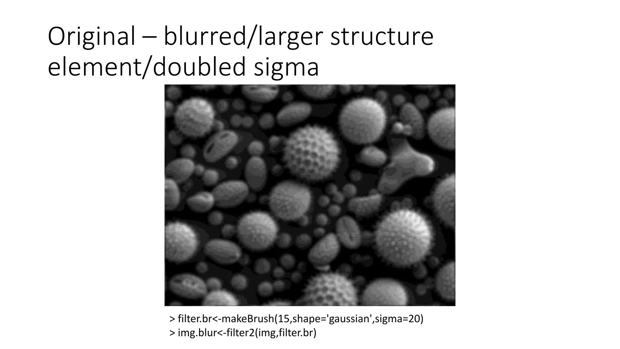 Original – blurred/larger structure
element/doubled sigma
> filter.br<-makeBrush(15,shape='gaussian',sigma=20)
> img.blur<-filter2(img,filter.br)
 