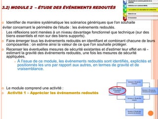 3.2) MODULE 2 – ÉTUDE DES ÉVÉNEMENTS REDOUTÉS
 Identifier de manière systématique les scénarios génériques que l'on souhaite
éviter concernant le périmètre de l'étude : les événements redoutés.
o Les réflexions sont menées à un niveau davantage fonctionnel que technique (sur des
biens essentiels et non sur des biens supports).
 Faire émerger tous les événements redoutés en identifiant et combinant chacune de leurs
composantes : on estime ainsi la valeur de ce que l'on souhaite protéger.
 Recenser les éventuelles mesures de sécurité existantes et d'estimer leur effet en ré -
estimant la gravité des événements redoutés, une fois les mesures de sécurité
appliquées.
 À l'issue de ce module, les événements redoutés sont identifiés, explicités et
positionnés les uns par rapport aux autres, en termes de gravité et de
vraisemblance.
 Le module comprend une activité :
 Activité 1 – Apprécier les événements redoutés
1:
• Introduction et contexte générale de la
méthode.
2:
• Définition de la méthode EBIOS.
3:
• Les modules et la description de la démarche.
4:
• Etude de cas
5:
• 5) Conclusion
 