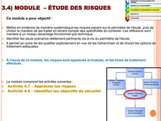 3.4) MODULE – ÉTUDE DES RISQUES
Ce module a pour objectif :
 Mettre en évidence de manière systématique les risques pesant sur le périmètre de l'étude, puis de
choisir la manière de les traiter en tenant compte des spécificités du contexte. Les réflexions sont
menées à un niveau davantage fonctionnel que technique.
 Identifier les seuls scénarios réellement pertinents vis-à-vis du périmètre de l'étude.
 Il permet en outre de les qualifier explicitement en vue de les hiérarchiser et de choisir les options de
traitement adéquates.
 À l'issue de ce module, les risques sont appréciés et évalués, et les choix de traitement
effectués.
 Le module comprend les activités suivantes :
 Activité 4.1 – Apprécier les risques
 Activité 4.2 – Identifier les objectifs de sécurité
1:
• Introduction et contexte générale de la
méthode.
2:
• Définition de la méthode EBIOS.
3:
• Les modules et la description de la démarche.
4:
• Etude de cas
5:
• 5) Conclusion
 