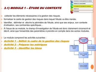  3.1) MODULE 1 – ÉTUDE DU CONTEXTE
 collecter les éléments nécessaires à la gestion des risques.
 formaliser le cadre de gestion des risques dans lequel l'étude va être menée.
 Identifier, délimiter et décrire le périmètre de l'étude, ainsi que ses enjeux, son contexte
d'utilisation, ses contraintes spécifiques…
 À l'issue de ce module, le champ d'investigation de l'étude est donc clairement circonscrit et
décrit, ainsi que l'ensemble des paramètres à prendre en compte dans les autres modules.
 Le module comprend les activités suivantes :
 Activité 1 – Définir le cadre de la gestion des risques
 Activité 2 – Préparer les métriques
 Activité 3 – Identifier les biens
1:
• Introduction et contexte générale de la méthode.
2:
• Définition de la méthode EBIOS.
3:
• Les modules et la description de la démarche.
4:
• Etude de cas
5:
• 5) Conclusion
 
