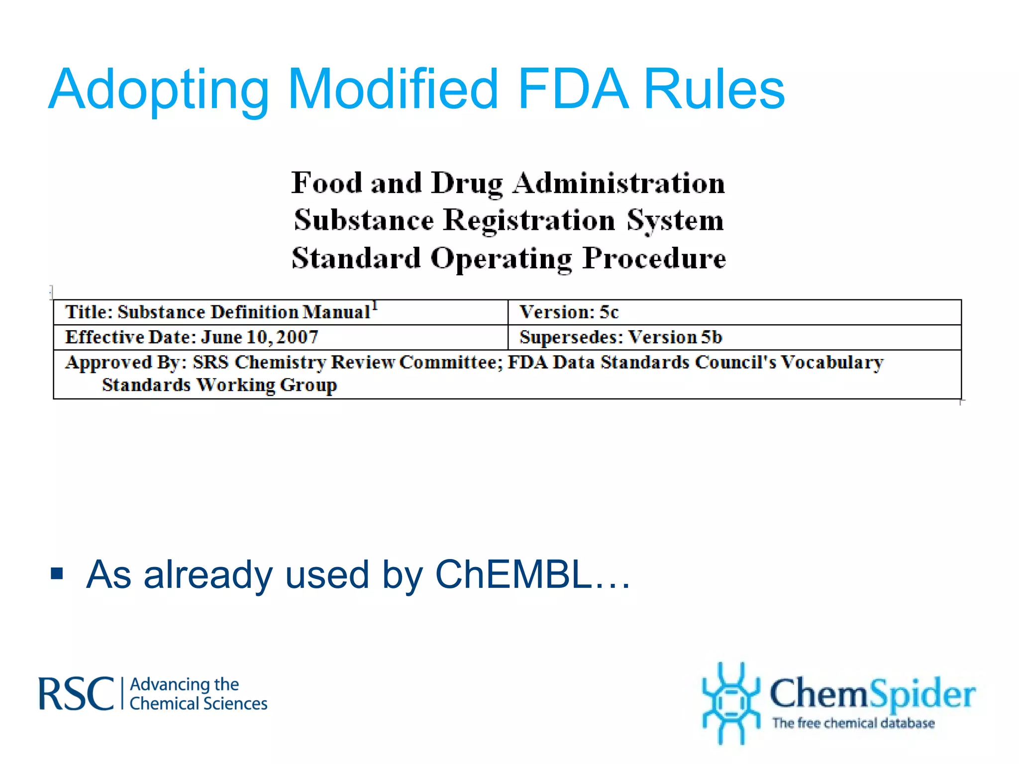 Adopting Modified FDA Rules As already used by ChEMBL… 