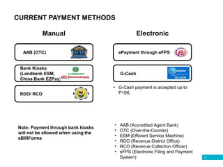 21
CURRENT PAYMENT METHODS
Manual Electronic
Bank Kiosks
(Landbank ESM,
China Bank EZPay)
AAB (OTC)
RDO/ RCO
ePayment through eFPS
• AAB (Accredited Agent Bank)
• OTC (Over-the-Counter)
• ESM (Efficient Service Machine)
• RDO (Revenue District Office)
• RCO (Revenue Collection Officer)
• eFPS (Electronic Filing and Payment
System)
G-Cash
• G-Cash payment is accepted up to
P10K.
Note: Payment through bank kiosks
will not be allowed when using the
eBIRForms
 