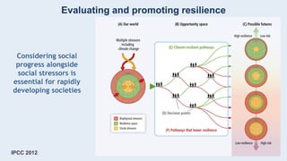 Evaluating and promoting resilience
Considering social
progress alongside
social stressors is
essential for rapidly
developing societies
IPCC 2012
 