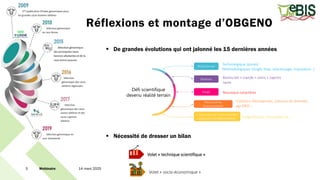 Réflexions et montage d’OBGENO
14 mars 2025
Webinaire
3
 De grandes évolutions qui ont jalonné les 15 dernières années
Volet « technique scientifique »
Volet « socio-économique »
Défi scientifique
devenu réalité terrain
Technologique (puces)
Méthodologiques (Single-Step, séquençage, imputation..)
Bovins lait > viande > ovins > caprins
races
Nouveaux caractères
Epigénétique, microbiote etc…
 Nécessité de dresser un bilan
Créations d’entreprises, volumes de données,
pgs R&D…
 