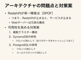 • 
• 
• 
• 
Availability Zone A
 Availability Zone B
Users	
Apps	
  (EC2)	
 ELB	
Redshi<	
  
for	
  Apps	
Redshi<	
  
for	
  Batch	
 