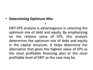 • Determining Optimum Mix:
•
EBIT-EPS analysis is advantageous in selecting the
optimum mix of debt and equity. By emphasizing
on the relative value of EPS, this analysis
determines the optimum mix of debt and equity
in the capital structure. It helps determine the
alternative that gives the highest value of EPS as
the most profitable financing plan or the most
profitable level of EBIT as the case may be.
 