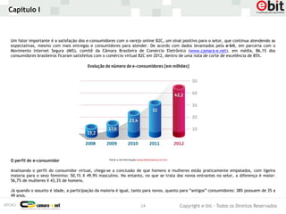 Capítulo I



Um fator importante é a satisfação dos e-consumidores com o varejo online B2C, um sinal positivo para o setor, que continua atendendo as
expectativas, mesmo com mais entregas e consumidores para atender. De acordo com dados levantados pela e-bit, em parceria com o
Movimento Internet Segura (MIS), comitê da Câmara Brasileira de Comércio Eletrônico (www.camara-e.net), em média, 86,1% dos
consumidores brasileiros ficaram satisfeitos com o comércio virtual B2C em 2012, dentro de uma nota de corte de excelência de 85%.




O perfil do e-consumidor

Analisando o perfil do consumidor virtual, chega-se a conclusão de que homens e mulheres estão praticamente empatados, com ligeira
maioria para o sexo feminino: 50,1% X 49,9% masculino. No entanto, no que se trata dos novos entrantes no setor, a diferença é maior:
56,7% de mulheres X 43,3% de homens.

Já quando o assunto é idade, a participação da maioria é igual, tanto para novos, quanto para “antigos” consumidores: 38% possuem de 35 a
49 anos.

                                                                   14                  Copyright e-bit - Todos os Direitos Reservados
 