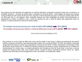 Capítulo III



Essa presença do meio eletrônico de pagamento no comércio eletrônico certamente incentivará ainda mais a economia e as
atividades varejistas – conclusão do estudo sobre a utilização do cartão de débito. A porcentagem de pessoas que possuem
cartão de débito em 2011 passou de 63% para 72%, enquanto o número daquelas que usam o cartão para compras subiu de 67%
em 2010 para 81% no ano seguinte. Esses resultados mostram que essa modalidade de compra está praticamente se
equiparando ao crédito. A tendência é que, a partir do momento em que o cartão de débito seja amplamente aceito na
Internet, o comércio eletrônico crescerá na mesma medida.




  Esse aumento no uso do cartão de débito tem como uma das razões a nova classe C, público que geralmente não possuía
  crédito e comprava com boleto e que atualmente pode comprar com o cartão de débito. Em 2012, por exemplo, esse grupo
  atingia 54% dos brasileiros e possui uma capacidade de consumo de mais de R$ 1 trilhão, equivalente a 51% de toda a renda
  das famílias. Nesse mesmo ano, 9 milhões de brasileiros realizaram sua primeira compra, totalizando R$ 24,12 bilhões em
  movimentações. Em muitos casos, as compras geralmente são iniciadas por itens de ticket baixo, como lojas e serviços
  focados em vendas de baixo valor, como compra coletiva, recarga de celular, download de músicas, filmes, etc. Alguns
  descontos são oferecidos no caso de pagamento à vista, com boleto e, principalmente, débito.




                                                             30                Copyright e-bit - Todos os Direitos Reservados
 