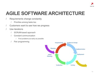 / Requirements change constantly 
/ Priorities among tasks too 
/ Customers want to see how we progress 
/ Use iterations 
/ SCRUM-based approach 
/ Constant communication 
/ Find problems as early as possible 
/ Pair programming 
14 
AGILE SOFTWARE ARCHITECTURE 
 