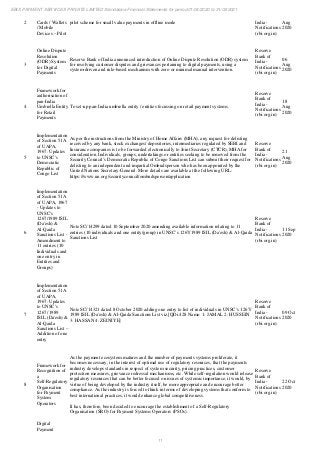 11
EBIX PAYMENT SERVICES PRIVATE LIMITED Standalone Financial Statements for period 01/04/2020 to 31/03/2021
2 Cards / Wallets
/ Mobile
Devices – Pilot
pilot scheme for small value payments in offline mode India -
Notifications
(rbi.org.in)
Aug
2020
3
Online Dispute
Resolution
(ODR) System
for Digital
Payments
Reserve Bank of India announced introduction of Online Dispute Resolution (ODR) system
for resolving customer disputes and grievances pertaining to digital payments, using a
system-driven and rule-based mechanism with zero or minimal manual intervention.
Reserve
Bank of
India -
Notifications
(rbi.org.in)
06
Aug
2020
4
Framework for
authorisation of
pan-India
Umbrella Entity
for Retail
Payments
To set-up pan-India umbrella entity / entities focussing on retail payment systems.
Reserve
Bank of
India -
Notifications
(rbi.org.in)
18
Aug
2020
5
Implementation
of Section 51A
of UAPA,
1967: Updates
to UNSC’s
Democratic
Republic of
Congo List
As per the instructions from the Ministry of Home Affairs (MHA), any request for delisting
received by any bank, stock exchanges/ depositories, intermediaries regulated by SEBI and
Insurance companies is to be forwarded electronically to Joint Secretary (CTCR), MHA for
consideration. Individuals, groups, undertakings or entities seeking to be removed from the
Security Council’s Democratic Republic of Congo Sanctions List can submit their request for
delisting to an independent and impartial Ombudsperson who has been appointed by the
United Nations Secretary-General. More details are available at the following URL:
https://www.un.org/securitycouncil/ombudsperson/application
Reserve
Bank of
India -
Notifications
(rbi.org.in)
21
Aug
2020
6
Implementation
of Section 51A
of UAPA, 1967
- Updates to
UNSC’s
1267/1989 ISIL
(Da'esh) &
Al-Qaida
Sanctions List -
Amendment to
11 entries (10
Individuals and
one entry in
Entities and
Groups)
Note SC/14299 dated 10 September 2020 amending available information relating to 11
entries (10 individuals and one entity/group) in UNSC’s 1267/1989 ISIL (Da'esh) & Al-Qaida
Sanctions List
Reserve
Bank of
India -
Notifications
(rbi.org.in)
11 Sep
2020
7
Implementation
of Section 51A
of UAPA,
1967: Updates
to UNSC’s
1267/ 1989
ISIL (Da'esh) &
Al-Qaida
Sanctions List –
Addition of one
entry
Note SC/14321 dated 8 October 2020 adding one entry to list of individuals in UNSC’s 1267/
1989 ISIL (Da'esh) & Al-Qaida Sanctions List viz.[QDi.428 Name: 1: JAMAL 2: HUSSEIN
3: HASSAN 4: ZEINIYE]
Reserve
Bank of
India -
Notifications
(rbi.org.in)
09 Oct
2020
8
Framework for
Recognition of
a
Self-Regulatory
Organisation
for Payment
System
Operators
As the payment ecosystem matures and the number of payments systems proliferate, it
becomes necessary, in the interest of optimal use of regulatory resources, that the payments
industry develops standards in respect of system security, pricing practices, customer
protection measures, grievance redressal mechanisms, etc. While self-regulation would release
regulatory resources that can be better focused on issues of systemic importance, it would, by
virtue of being developed by the industry itself, be more appropriate and encourage better
compliance. As the industry is forced to think in terms of developing systems that conform to
best international practices, it would enhance global competitiveness.
It has, therefore, been decided to encourage the establishment of a Self-Regulatory
Organisation (SRO) for Payment Systems Operators (PSOs).
Reserve
Bank of
India -
Notifications
(rbi.org.in)
22 Oct
2020
Digital
Payment
 