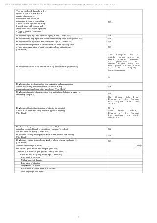 6
EBIX PAYMENT SERVICES PRIVATE LIMITED Standalone Financial Statements for period 01/04/2020 to 31/03/2021
Top ten employed throughout the
financial year of a part was in
receipt of aggregate
remuneration in excess of
managing director or wholetime
director or manager and holds by
himself along with spouse and
children not less than two percent
of equity shares of company [
TextBlock]
NA
Disclosure regarding issue of sweat equity shares [TextBlock] NA
Disclosure of voting rights not exercised directly by employees [TextBlock] NA
Disclosure of equity shares with differential rights [TextBlock] NA
Disclosure of composition of audit committee and non-acceptance
of any recommendation of audit committee along with reasons
[TextBlock]
NA
Disclosure of details of establishment of vigil mechanism [TextBlock]
The Company has a
whistle blower policy to
report genuine concerns
or grievances. The
Whistle Blower policy has
been posted on the website
o f t h e C o m p a n y
(www.ebixcash.com).
/>
Disclosure of policy formulated by nomination and remuneration
committee relating to remuneration for directors, key
managerial personnels and other employees [TextBlock]
NA
Disclosure of receipt of commission by director from holding company or
subsidiary company
Nil
Disclosure of facts of resignation of director in report of
directors laid in immediately following general meeting
[TextBlock]
Mr. Graham John Prior,
Director of the Company
has resigned w.e.f. July
30, 2020
M r .
Neil David Eckert,
Director of the Company
has resigned on w.e.f.
July 30, 2020
Disclosure of report concerns about unethical behaviour,
actual or suspected fraud or violation of company’s code of
conduct or ethics policy [TextBlock]
Nil
Disclosures relating to employee stock option scheme explanatory
[TextBlock]
NA
Disclosures relating to employee stock purchase scheme explanatory
[TextBlock]
NA
Number of meetings of board [pure] 5
Details of signatories of board report [Abstract]
Details of directors signing board report [LineItems]
Name of director signing board report [Abstract]
First name of director
Middle name of director
Last name of director
Designation of director
Director identification number of director
Date of signing board report
 