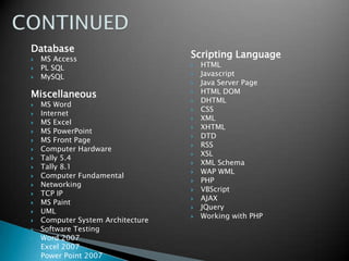 Database
   MS Access
                                   Scripting Language
   PL SQL                            HTML
   MySQL                             Javascript
                                      Java Server Page
Miscellaneous                         HTML DOM
                                      DHTML
   MS Word
                                      CSS
   Internet
                                      XML
   MS Excel
                                      XHTML
   MS PowerPoint
                                      DTD
   MS Front Page
                                      RSS
   Computer Hardware
                                      XSL
   Tally 5.4
                                      XML Schema
   Tally 8.1
                                      WAP WML
   Computer Fundamental
                                      PHP
   Networking
                                      VBScript
   TCP IP
                                      AJAX
   MS Paint
                                      JQuery
   UML
                                      Working with PHP
   Computer System Architecture
   Software Testing
   Word 2007
   Excel 2007
   Power Point 2007
 