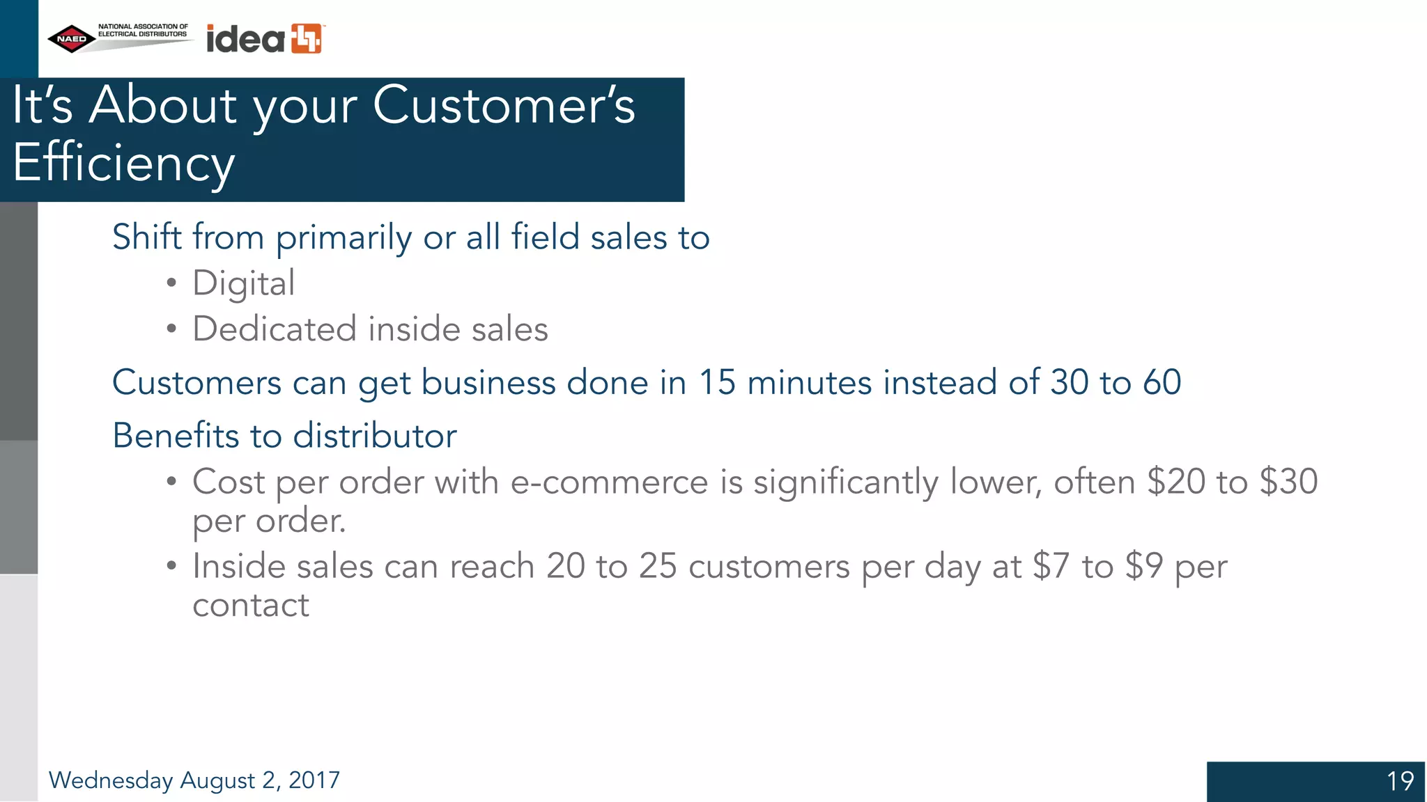It’s About your Customer’s
Efficiency
Shift from primarily or all field sales to
• Digital
• Dedicated inside sales
Customers can get business done in 15 minutes instead of 30 to 60
Benefits to distributor
• Cost per order with e-commerce is significantly lower, often $20 to $30
per order.
• Inside sales can reach 20 to 25 customers per day at $7 to $9 per
contact
Wednesday August 2, 2017 19
 