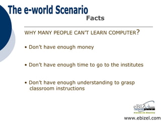 WHY MANY PEOPLE CAN’T LEARN COMPUTER ? Don’t have enough money Don’t have enough time to go to the institutes Don’t have enough understanding to grasp   classroom instructions Facts The e-world Scenario  www.ebizel.com 