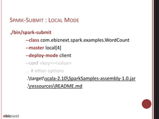 SPARK-SUBMIT : LOCAL MODE 
./bin/spark-submit 
--class com.ebiznext.spark.examples.WordCount 
--master local[4] 
--deploy-mode client 
--conf <key>=<value> 
... # other options 
.targetscala-2.10SparkSamples-assembly-1.0.jar 
.ressourcesREADME.md 
 