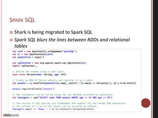 SPARK SQL 
 Shark is being migrated to Spark SQL 
 Spark SQL blurs the lines between RDDs and relational 
tables 
val conf = new SparkConf().setAppName("SparkSQL") 
val sc = new SparkContext(conf) 
val peopleFile = args(0) 
val sqlContext = new org.apache.spark.sql.SQLContext(sc) 
import sqlContext._ 
// Define the schema using a case class. 
case class Person(name: String, age: Int) 
// Create an RDD of Person objects and register it as a table. 
val people = sc.textFile(peopleFile).map(_.split(",")).map(p => Person(p(0), p(1).trim.toInt)) 
people.registerAsTable("people") 
// SQL statements can be run by using the sql methods provided by sqlContext. 
val teenagers = sql("SELECT name FROM people WHERE age >= 13 AND age <= 19") 
// The results of SQL queries are SchemaRDDs and support all the normal RDD operations. 
// The columns of a row in the result can be accessed by ordinal. 
teenagers.map(t => "Name: " + t(0)).collect().foreach(println) 
 
