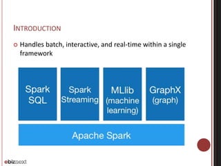 INTRODUCTION 
 Handles batch, interactive, and real-time within a single 
framework 
 