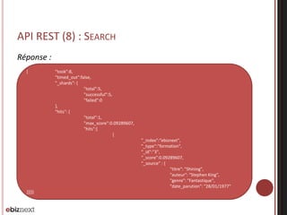 API REST (8) : SEARCH
Réponse :
{ "took":8,
"timed_out":false,
"_shards": {
"total":5,
"successful":5,
"failed":0
},
"hits": {
"total":1,
"max_score":0.09289607,
"hits":[
{
"_index":“ebiznext",
"_type":"formation",
"_id":"3",
"_score":0.09289607,
"_source" : {
"titre": "Shining",
"auteur": "Stephen King",
"genre": "Fantastique",
"date_parution": "28/01/1977"
}}]}}
 