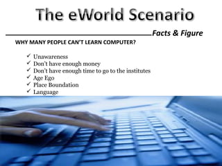 WHY MANY PEOPLE CAN’T LEARN COMPUTER?
 Unawareness
 Don’t have enough money
 Don’t have enough time to go to the institutes
 Age Ego
 Place Boundation
 Language
Facts & Figure
 