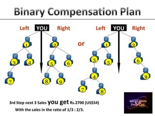 3rd Step next 3 Sales you getRs.2700 (US$54)
With the sales in the ratio of 1/3 : 2/3.
Based on Sale of eBIZ Educational & Web Package
YOU YOULeft LeftRight Right
1 12 2
3
3
54 5
6
6
4
7
8
7
98
9
or
 
