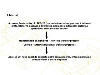 Evolução do eBusiness   A Internet   A revolução do protocolo TCP/IP (transmission control protocol / internet protocol) torna possível a diferentes máquinas e diferentes sistemas operativos, comunicarem entre si     Transferência de Ficheiros – FTP (file transfer protocol) Correio – SMTP (simple mail transfer protocol)     Abre-se um novo canal de contacto entre consumidores, entre empresas e consumidores e entre empresas   A evolução do eBusiness 