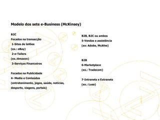   Modelo dos sete e-Business (McKinsey)  B2C Focados na transacção   1-Sites de leilões  (ex.: eBay)   2-e-Tailers (ex.:Amazon)   3-Serviços Financeiros Focados na Publicidade 4- Media e Conteúdos (entretenimento, jogos, saúde, notícias,  desporto, viagens, portais) B2B, B2C ou ambos 5-Vendas e assistência  (ex: Adobe, McAfee)     B2B 6-Marketplace (ex.: Tradecom)   7-Intranets e Extranets (ex.: Lusa)   Modelos de eBusiness 