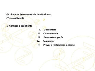 Princípios do eBusiness Os oito princípios essenciais do eBusiness (Thomas Siebel)   1-   Conheça o seu cliente                                                                 i.        O essencial                                                               ii.        Ciclos de vida                                                              iii.        Desenvolver perfis                                                             iv.        Segmentar                                                               v.        Prever e rentabilizar o cliente   Princípios de eBusiness 