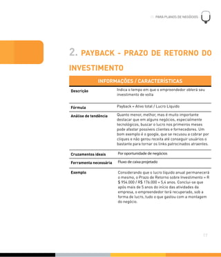 2. PAYBACK - PRAZO DE RETORNO DO
INVESTIMENTO
INFORMAÇÕES / CARACTERÍSTICASINFORMAÇÕES / CARACTERÍSTICAS
Descrição Indica o tempo em que o empreendedor obterá seu
investimento de volta
Fórmula Payback = Ativo total / Lucro Líquido
Análise de tendência Quanto menor, melhor, mas é muito importante
destacar que em alguns negócios, especialmente
tecnológicos, buscar o lucro nos primeiros meses
pode afastar possíveis clientes e fornecedores. Um
bom exemplo é o google, que se recusou a cobrar por
cliques e não gerou receita até conseguir usuários o
bastante para tornar os links patrocinados atraentes.
Cruzamentos ideais Por oportunidade de negócios
Ferramenta necessária Fluxo de caixa projetado
Exemplo Considerando que o lucro líquido anual permanecerá
o mesmo, o Prazo de Retorno sobre Investimento = R
$ 954.000 / R$ 176.000 = 5,4 anos. Conclui-se que
após mais de 5 anos do início das atividades da
empresa, o empreendedor terá recuperado, sob a
forma de lucro, tudo o que gastou com a montagem
do negócio.
03. PARA PLANOS DE NEGÓCIOS
!
17
PARA PLANOS DE NEGÓCIOS03. PARA PLANOS DE NEGÓCIOS
 