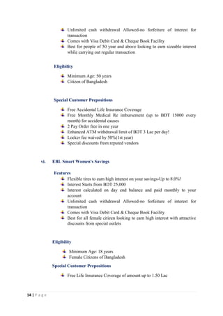 14 | P a g e
Unlimited cash withdrawal Allowed-no forfeiture of interest for
transaction
Comes with Visa Debit Card & Cheque Book Facility
Best for people of 50 year and above looking to earn sizeable interest
while carrying out regular transaction
Eligibility
Minimum Age: 50 years
Citizen of Bangladesh
Special Customer Prepositions
Free Accidental Life Insurance Coverage
Free Monthly Medical Re imbursement (up to BDT 15000 every
month) for accidental causes
2 Pay Order free in one year
Enhanced ATM withdrawal limit of BDT 3 Lac per day!
Locker fee waived by 50%(1st year)
Special discounts from reputed vendors
vi. EBL Smart Women's Savings
Features
Flexible tires to earn high interest on your savings-Up to 8.0%!
Interest Starts from BDT 25,000
Interest calculated on day end balance and paid monthly to your
account
Unlimited cash withdrawal Allowed-no forfeiture of interest for
transaction
Comes with Visa Debit Card & Cheque Book Facility
Best for all female citizen looking to earn high interest with attractive
discounts from special outlets
Eligibility
Minimum Age: 18 years
Female Citizens of Bangladesh
Special Customer Prepositions
Free Life Insurance Coverage of amount up to 1.50 Lac
 