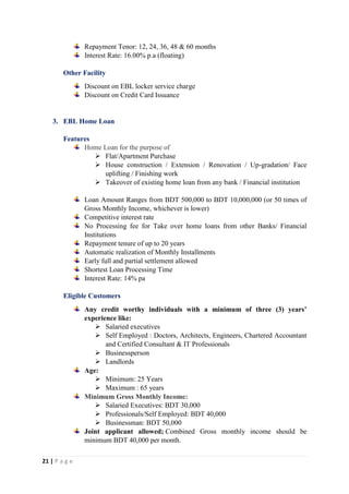 21 | P a g e
Repayment Tenor: 12, 24, 36, 48 & 60 months
Interest Rate: 16.00% p.a (floating)
Other Facility
Discount on EBL locker service charge
Discount on Credit Card Issuance
3. EBL Home Loan
Features
Home Loan for the purpose of
 Flat/Apartment Purchase
 House construction / Extension / Renovation / Up-gradation/ Face
uplifting / Finishing work
 Takeover of existing home loan from any bank / Financial institution
Loan Amount Ranges from BDT 500,000 to BDT 10,000,000 (or 50 times of
Gross Monthly Income, whichever is lower)
Competitive interest rate
No Processing fee for Take over home loans from other Banks/ Financial
Institutions
Repayment tenure of up to 20 years
Automatic realization of Monthly Installments
Early full and partial settlement allowed
Shortest Loan Processing Time
Interest Rate: 14% pa
Eligible Customers
Any credit worthy individuals with a minimum of three (3) years’
experience like:
 Salaried executives
 Self Employed : Doctors, Architects, Engineers, Chartered Accountant
and Certified Consultant & IT Professionals
 Businessperson
 Landlords
Age:
 Minimum: 25 Years
 Maximum : 65 years
Minimum Gross Monthly Income:
 Salaried Executives: BDT 30,000
 Professionals/Self Employed: BDT 40,000
 Businessman: BDT 50,000
Joint applicant allowed; Combined Gross monthly income should be
minimum BDT 40,000 per month.
 