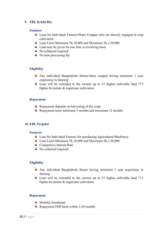31 | P a g e
9. EBL Krishi Rin
Features
Loan for Individual Farmers/Share Cropper who are directly engaged in crop
cultivation
Loan Limit Minimum Tk.10,000 and Maximum Tk.1,50,000
Loan may be given for one time or revolving basis
No collateral required
No loan processing fee
Eligibility
Any individual Bangladeshi farmer/share cropper having minimum 1 year
experience in farming
Loan will be extended to the owners up to 15 bighas cultivable land /7.5
bighas for potato & sugarcane cultivation
Repayment
Repayment depends on harvesting of the crops
Repayment tenor minimum 3 months and maximum 12 months
10. EBL Projukti
Features
Loan for Individual Farmers for purchasing Agricultural Machinery
Loan Limit Minimum Tk.10,000 and Maximum Tk.1,50,000
Competitive Interest Rate
No collateral required
Eligibility
Any individual Bangladeshi farmer having minimum 1 year experience in
farming
Loan will be extended to the owners up to 15 bighas cultivable land /7.5
bighas for potato & sugarcane cultivation
Repayment
Monthly Instalment
Repayment EMI basis within 3-24 months
 