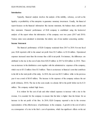 ELB FINANCIAL ANALYSIS 2
Introduction
Typically, financial analysis involves the analysis of the stability, solvency, as well as the
liquidity or profitability of the enterprise to guarantee monetary investment. Usually, the financial
report focusses on the financial information like income statement, the balance sheet, and the cash
flow statement. Financial performance of ELB company is established using the horizontal
analysis of the report where the information of the company over two years (2017 and 2018).
Various ratios were calculated to determine the relative size of one number concerning another.
Income Statement
The financial performance of ELB Company weakened from 2017 to 2018. For one fiscal
year, ELB reported a fall in the annual net profit from $3.5 million to $3.26 million. Operational
expenses increased more than the revenue thus a fall in net profit. For instance, the differences are
attributed to the rise in the cost of sales from $20.25 million in 2017 to $24 million in 2018. There
was an increase in the distribution costs together with the administrative expenses of the company,
which rose to $5.12 million from $3.3 million. There is an increase in financial costs that contribute
to the fall in the total profit of the entity. In 2018, the cost was $0.5 2 million while in the previous
year it was a total of $0.45 million. The increase in the expenses of the company reduces the net
profit (Johnson, 2018). The rise in the costs results in a drastic fall in the profit before tax by $ 21
million. The company realized high losses.
It is evident for the cost of sale and other related expenses to increase with a rise in the
revenue. It is essential for the company to erasure that the latter is higher than the former for an
increase in the net profit of the firm. In 2018, ELB Company reported a rise in the revenue
representation of the effectiveness of performance in the company. A growth in the cost of sold is
as a consequence of a rise in the firm’s cost of operations, which has significant effects on the net
 