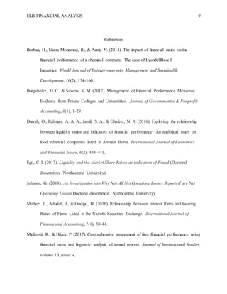 ELB FINANCIAL ANALYSIS 9
References
Borhan, H., Naina Mohamed, R., & Azmi, N. (2014). The impact of financial ratios on the
financial performance of a chemical company: The case of LyondellBasell
Industries. World Journal of Entrepreneurship, Management and Sustainable
Development, 10(2), 154-160.
Burgstahler, D. C., & Sawers, K. M. (2017). Management of Financial Performance Measures:
Evidence from Private Colleges and Universities. Journal of Governmental & Nonprofit
Accounting, 6(1), 1-29.
Durrah, O., Rahman, A. A. A., Jamil, S. A., & Ghafeer, N. A. (2016). Exploring the relationship
between liquidity ratios and indicators of financial performance: An analytical study on
food industrial companies listed in Amman Bursa. International Journal of Economics
and Financial Issues, 6(2), 435-441.
Ego, C. I. (2017). Liquidity and the Market Share Ratios as Indicators of Fraud (Doctoral
dissertation, Northcentral University).
Johnson, G. (2018). An Investigation into Why Not All Net Operating Losses Reported are Net
Operating Losses(Doctoral dissertation, Northcentral University).
Muthee, B., Adudah, J., & Ondigo, H. (2016). Relationship between Interest Rates and Gearing
Ratios of Firms Listed in the Nairobi Securities Exchange. International Journal of
Finance and Accounting, 1(1), 30-44.
Myšková, R., & Hájek, P. (2017). Comprehensive assessment of firm financial performance using
financial ratios and linguistic analysis of annual reports. Journal of International Studies,
volume 10, issue: 4.
 