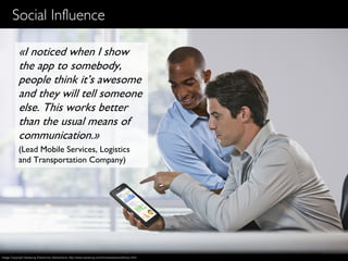 11
Social Influence
«I noticed when I show
the app to somebody,
people think it’s awesome
and they will tell someone
else. This works better
than the usual means of
communication.»
(Lead Mobile Services, Logistics
and Transportation Company)
Image Copyright Samsung Electronics Switzerland, http://www.samsung.com/ch/news/picturelibrary.html
 